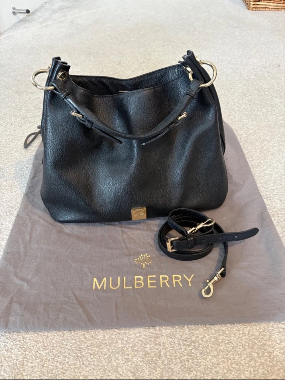 Mulberry Black Pebbled Leather Shoulder Hobo with Gold Hardware